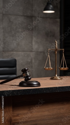 Gavel and Scales of Justice on a Wooden Table in a Modern Legal Setting