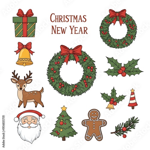 Christmas and New Year Holiday Icons and Decorations Collection.