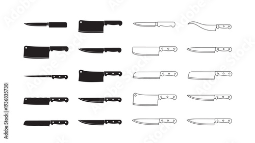 Knife set icons featuring cleavers, chef knives, and bread knives in both solid black and outline styles for culinary use.