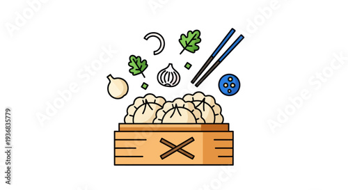 Steaming dumplings with garnishes illustration