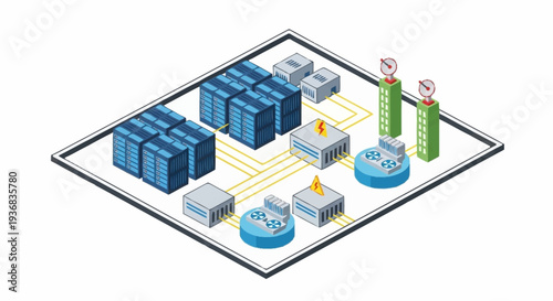 Isometric illustration of industrial facility layout with storage tanks and processing units.