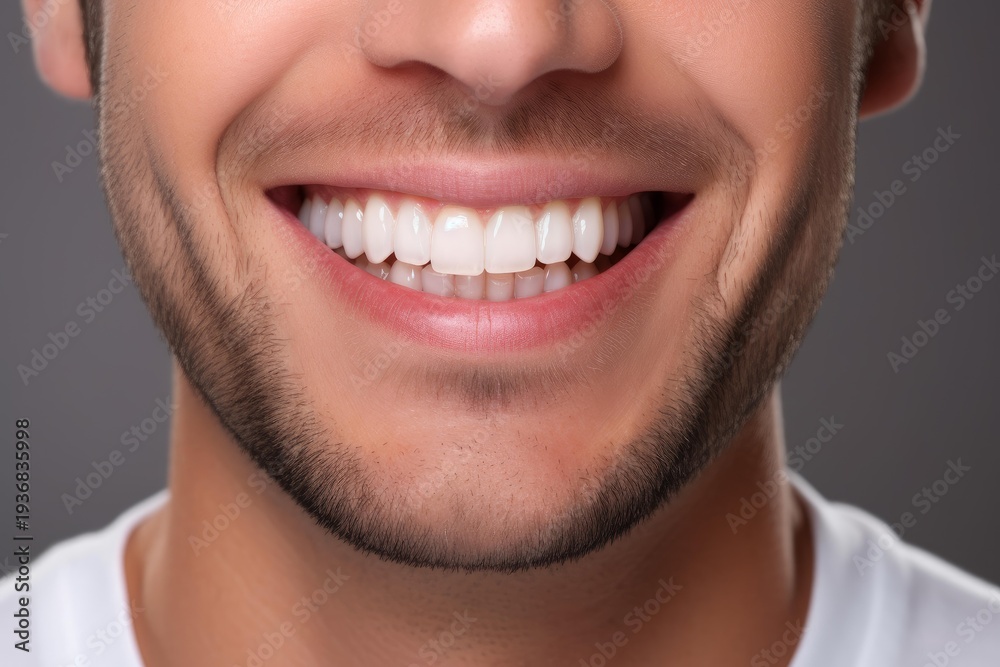 Fototapeta premium Man smiling close up, showing perfect dental health and oral hygiene