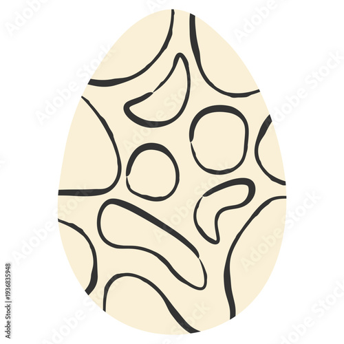 Contemporary Easter egg with hand drawn black ink blobs and shapes on beige background.Minimalist artistic design element for creative spring holiday branding and modern decor concept