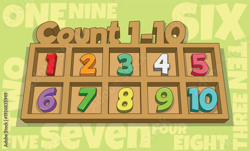 A wooden tray holds colorful 3D numbers 1–10, each in its own slot, with number words scattered playfully across a soft green background.