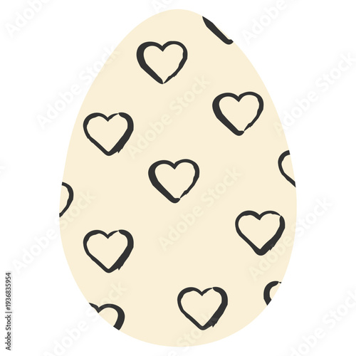 Cute Easter egg with minimalist black ink heart pattern on beige background.Simple hand drawn love symbols for spring holiday celebration decor and greeting card