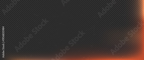 Dark transparent textured background with warm orange light leak and subtle film scratches, vintage burnt frame effect overlay for modern photo editing, video transitions and graphic design projects