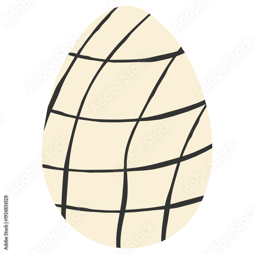 Minimalist Easter egg with black ink checkered or grid ornament on beige background. Simple hand drawn geometric lines for contemporary spring holiday decor