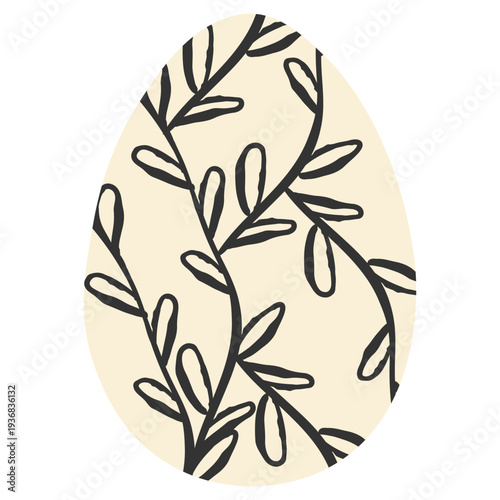Minimalist Easter egg with black ink leafy branch ornament on beige background.Hand drawn organic foliage element for nature inspired spring holiday design and botanical greeting card