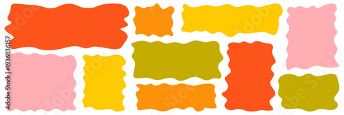 Organic vibrant wavy shapes in bright orange, yellow, pink and green. Playful irregular blob collection with rough wavy edges for modern branding, social media templates, posters