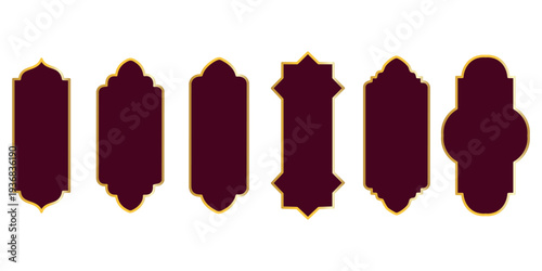 Row of dark red Islamic window silhouettes with different scalloped arched tops, simple geometric icons for mosque architecture, Middle Eastern patterns and ornamental design