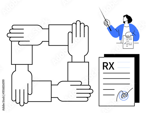 Four interlocked hands symbolizing teamwork, a medical professional writing, and a signed RX form. Ideal for healthcare, collaboration, prescriptions, patient care, teamwork, trust communication