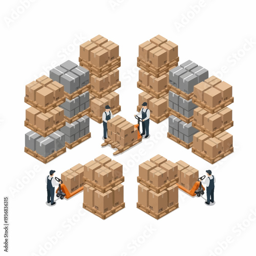 Isometric warehouse workers managing inventory with forklifts and stacked boxes.