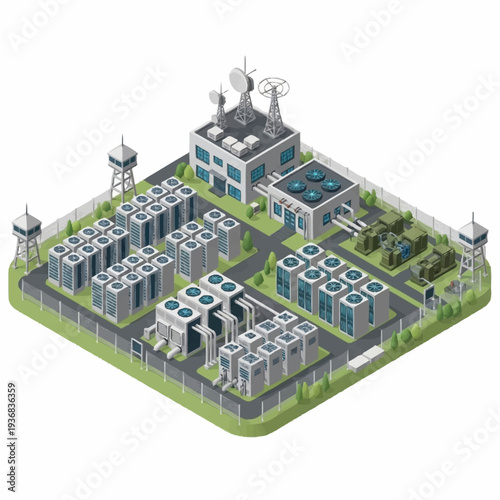Isometric View of a Data Center Facility with Servers and Communication Towers.