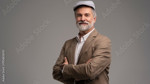 Картината върху платно Attractive serious grey-haired man in suit and flat cap isolated on grey
