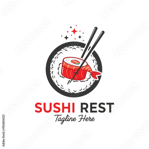 Modern graphic logo with a delectable sushi roll and chopsticks, perfect for Asian cuisine branding.