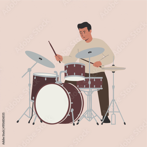 Drummer playing drum set in flat cartoon style with muted color palette on plain background for music education