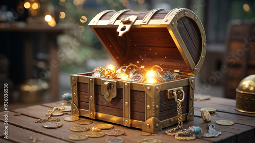 An open wooden treasure chest overflowing with glowing gold coins and precious gems on a table with bokeh background