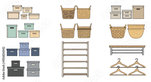 A flat lay of various storage containers, baskets, shelves, and hangers arranged on a white background, showcasing organizational and closet solutions.