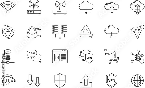 Set of network and internet security vector icons, flat design symbols, scalable graphics