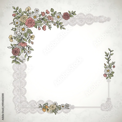Elegant Floral Frame with Lace Border for Invitations and Greetings.