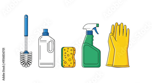 Flat lay of cleaning supplies including a brush, bottles, sponge, and glove on a white background with a simple and organized composition.