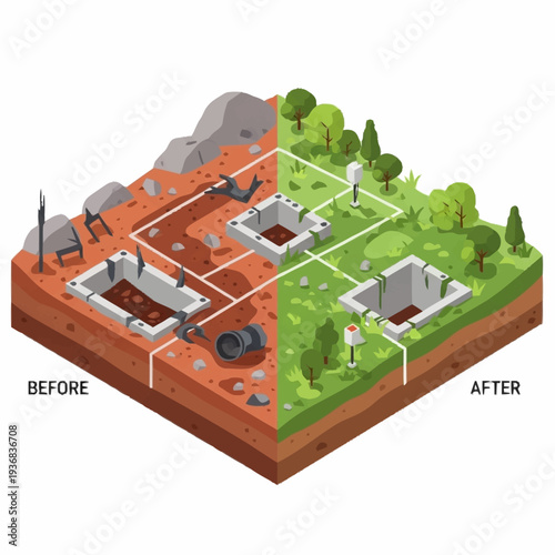 Wastewater treatment system before and after installation isometric view.