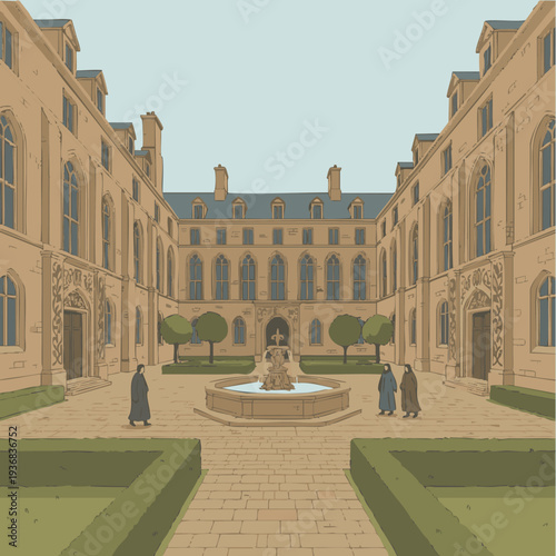 Historic courtyard with fountain in serene classical architecture with soft natural lighting for luxury travel