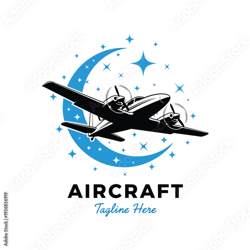 Vintage biplane aircraft flying high in a starry night sky with a crescent moon – vector illustration.