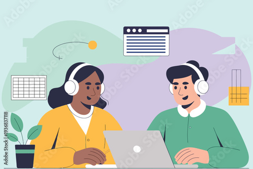 Two people collaborating remotely using headphones and a laptop for communication