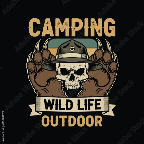 Vintage Outdoor Camping Graphic with Skull and Bear Claws for Wilderness Adventures