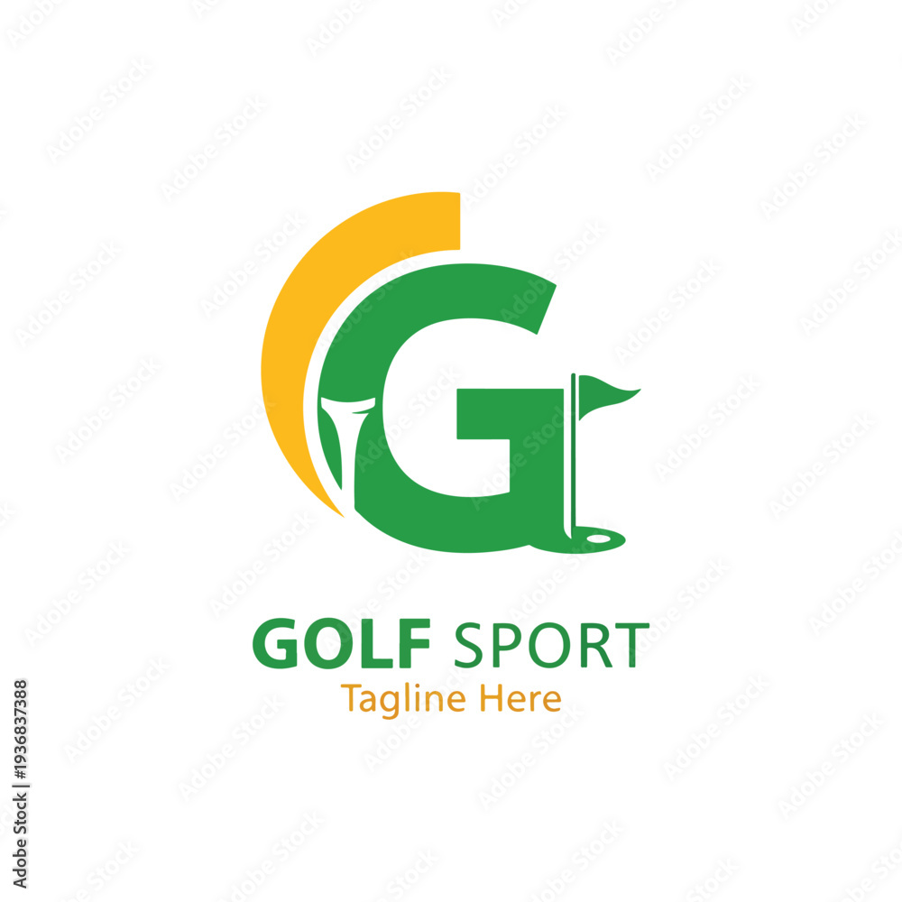 Obraz premium Dynamic golf sport logo illustration featuring an iconic 'G' with tee and flagstick, perfect for branding.
