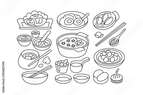 Food illustration set of various Asian dishes and utensils vector