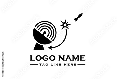 A logo design featuring a satellite dish intercepting a missile with a starburst, set against a clean white background with a bold black color scheme and a focus on defense interception