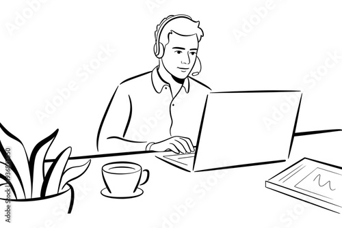 A businessman works on laptop with headset in modern office space