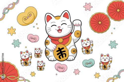 A large Maneki-Neko figurine illustration surrounded by smaller cat icons and lucky charms