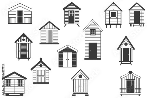 A set of black and white beach hut vector illustrations