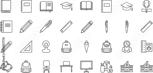 Education icons set vector illustration, flat design school supplies and learning tools
