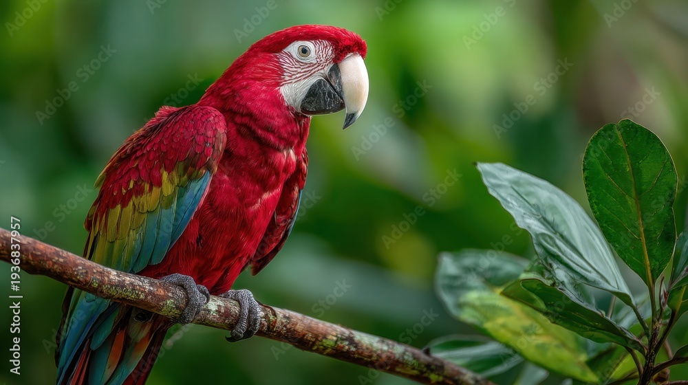 Fototapeta premium Vibrant red macaw perches on tree branch outdoors