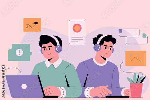 Two people with headphones working on laptops surrounded by digital elements