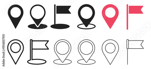 Set of black and red map pin, destination flag, and location marker icons, perfect for navigation, travel, GPS apps, route planning, and digital map design