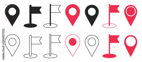 Set of black and red map pin, location marker, and destination flag icons, ideal for travel guides, map interfaces, geolocation services