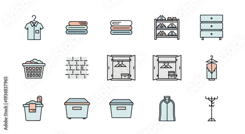 Collection of Flat Icons Representing Laundry and Storage Solutions.