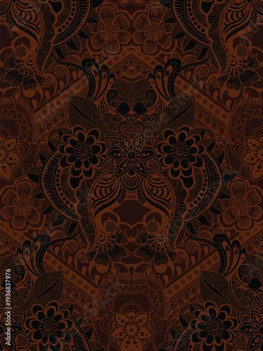 Dark Brown Ornate Floral Paisley Seamless Pattern