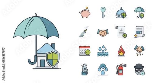 Colorful vector icons for home life health and property insurance concepts.