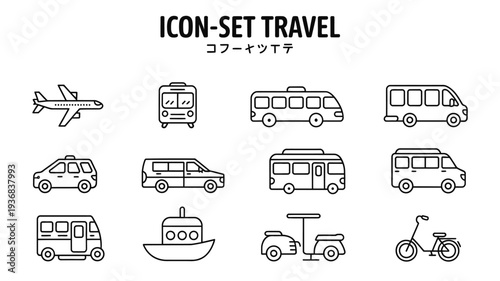 Travel icons set including airplane, bus, car, boat, and bicycle vector illustrations