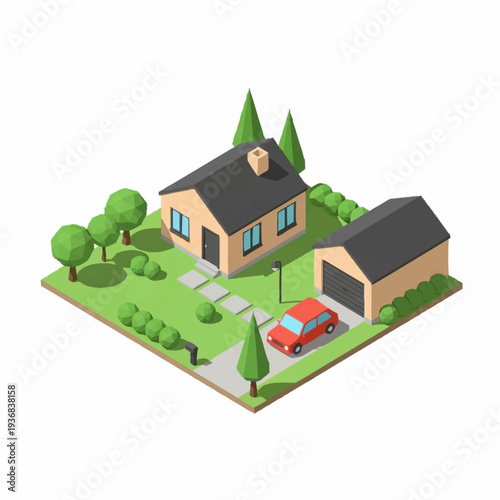 Isometric illustration of a house with a garage and a car on the driveway surrounded by trees and grass.