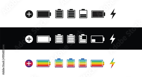 Collection of vector graphic icons illustrating various battery charge levels and power status indicators for digital interface design
