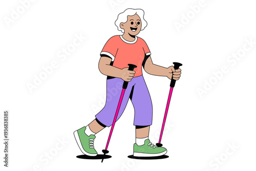 Senior woman using walking poles for exercise and mobility support