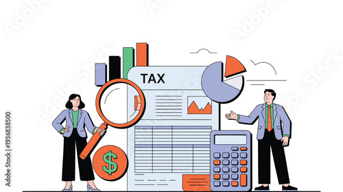 Tax professionals analyzing financial documents with calculator and magnifying glass