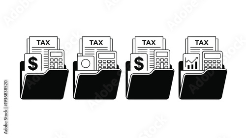 Tax folders with calculators and documents on a clean background illustration